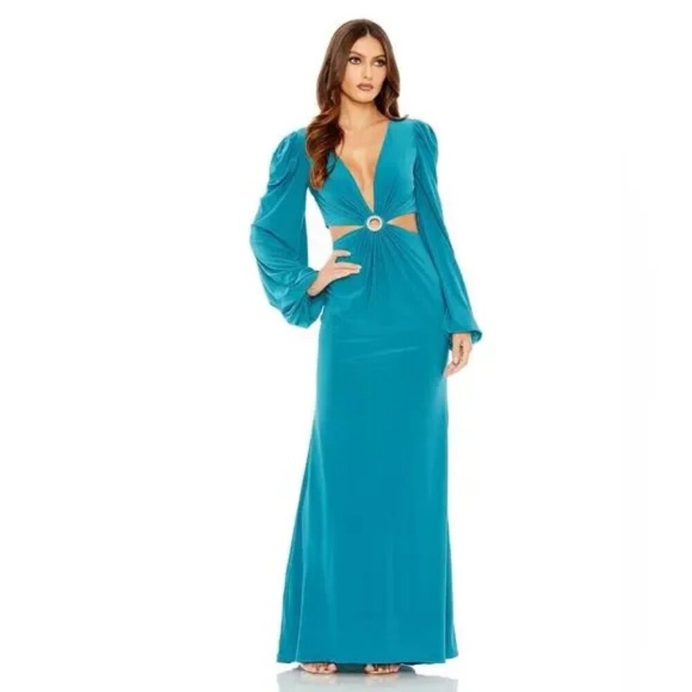 Mac‎ Duggal Teal Ocean Blue Sz 14 Cut Outs Jersey Maxi Deep V Neck 26727